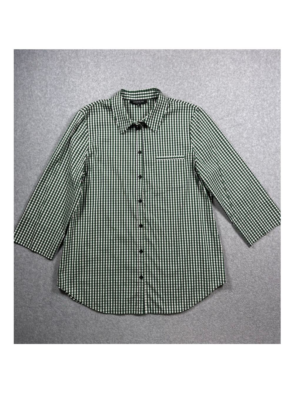Lafayette 148 New York Button Up Shirt Women Medium Green Checked Long Sleeves